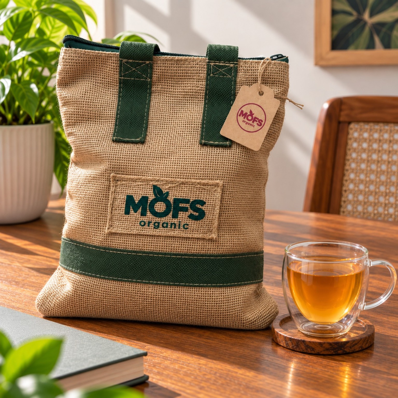 MOFS Organic 500 gm jute packaging with green handles and a branded tag beside a cup of tea