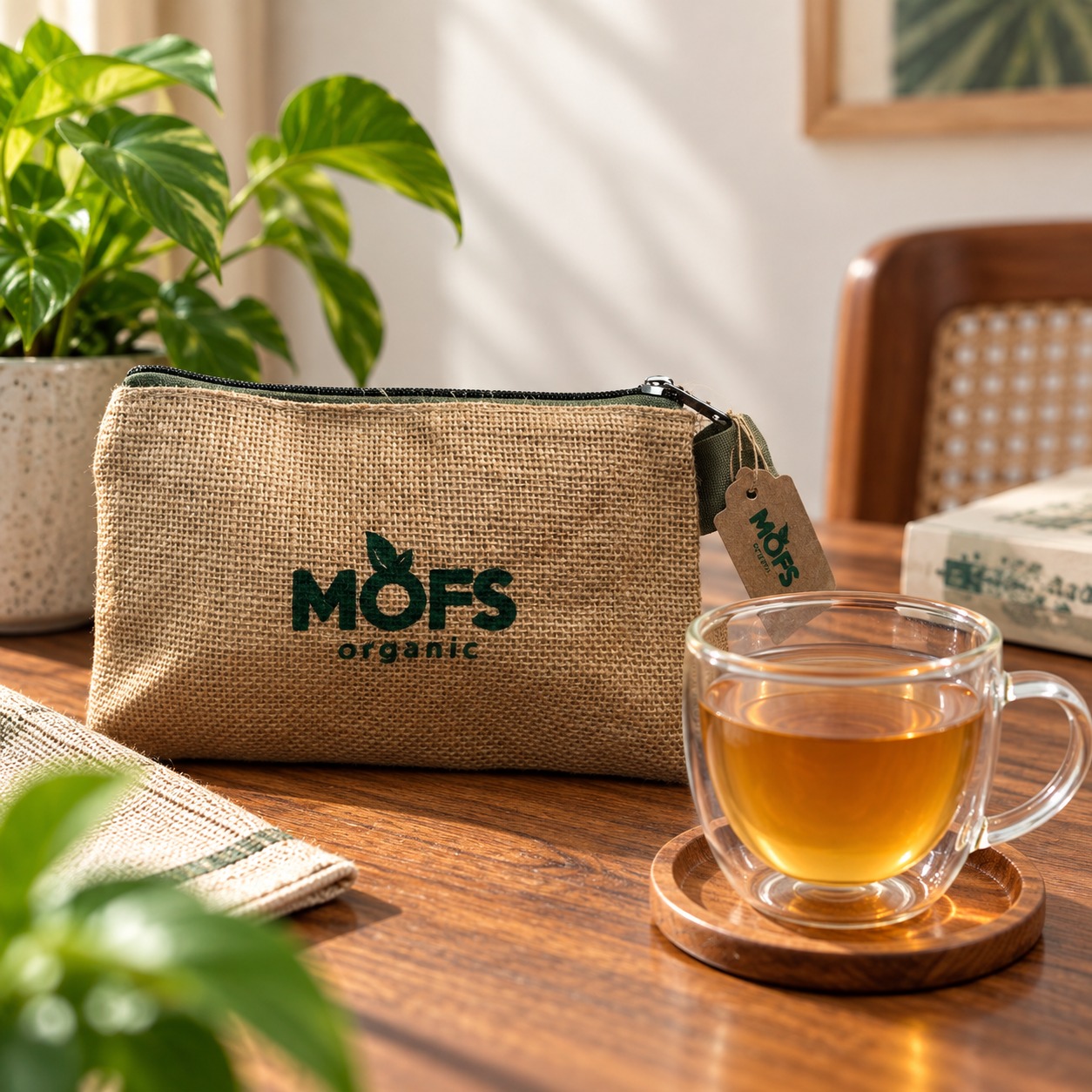 MOFS tagged natural-fibre pouch and tea in warm afternoon light