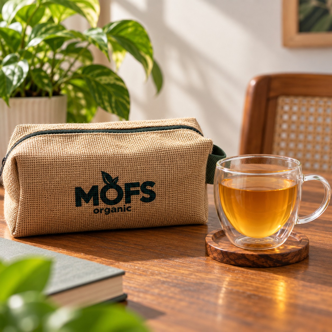 MOFS natural-fibre zip bag beside a cup of golden tea