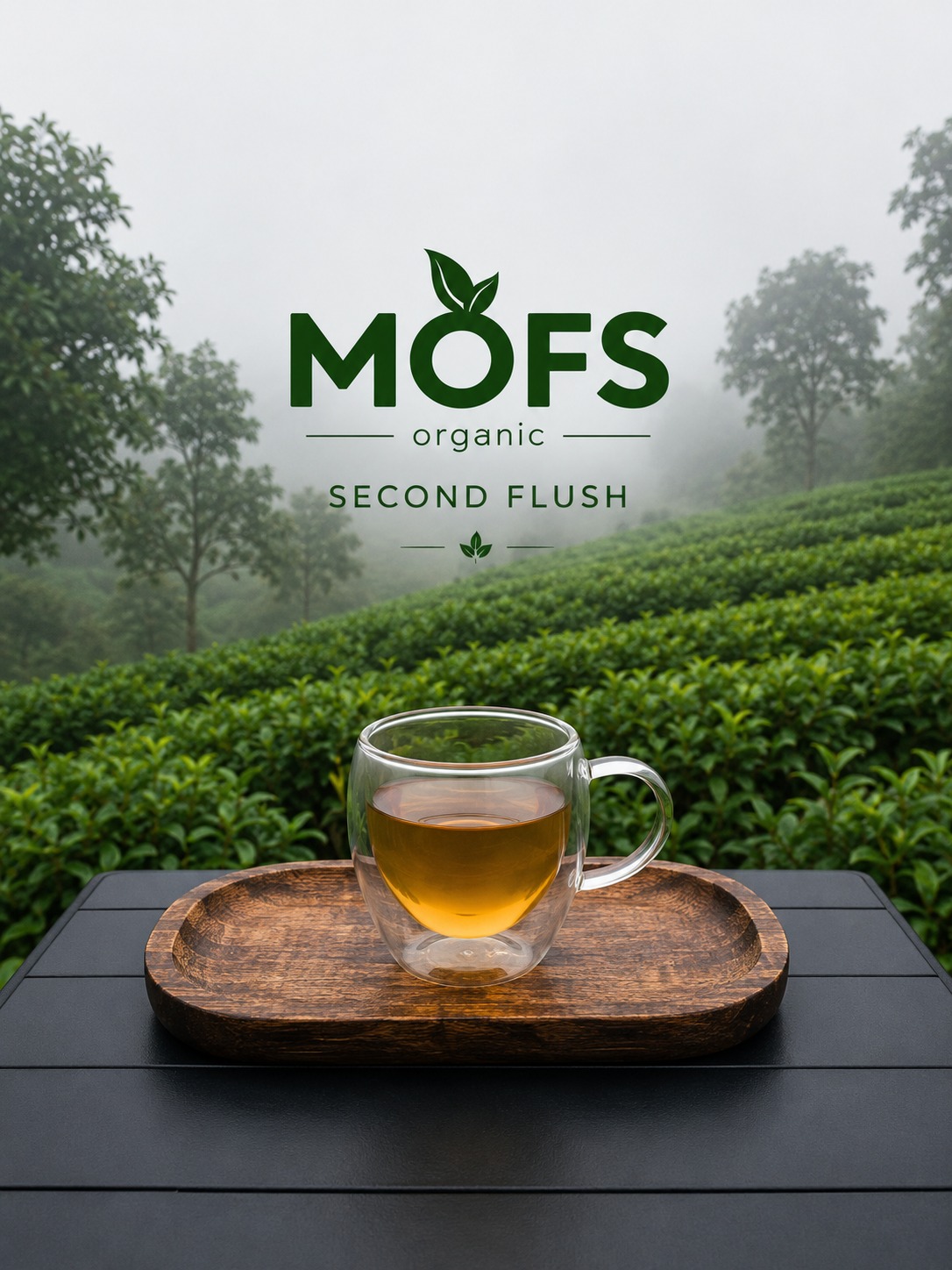 A cup of MOFS second flush tea overlooking a Darjeeling tea garden